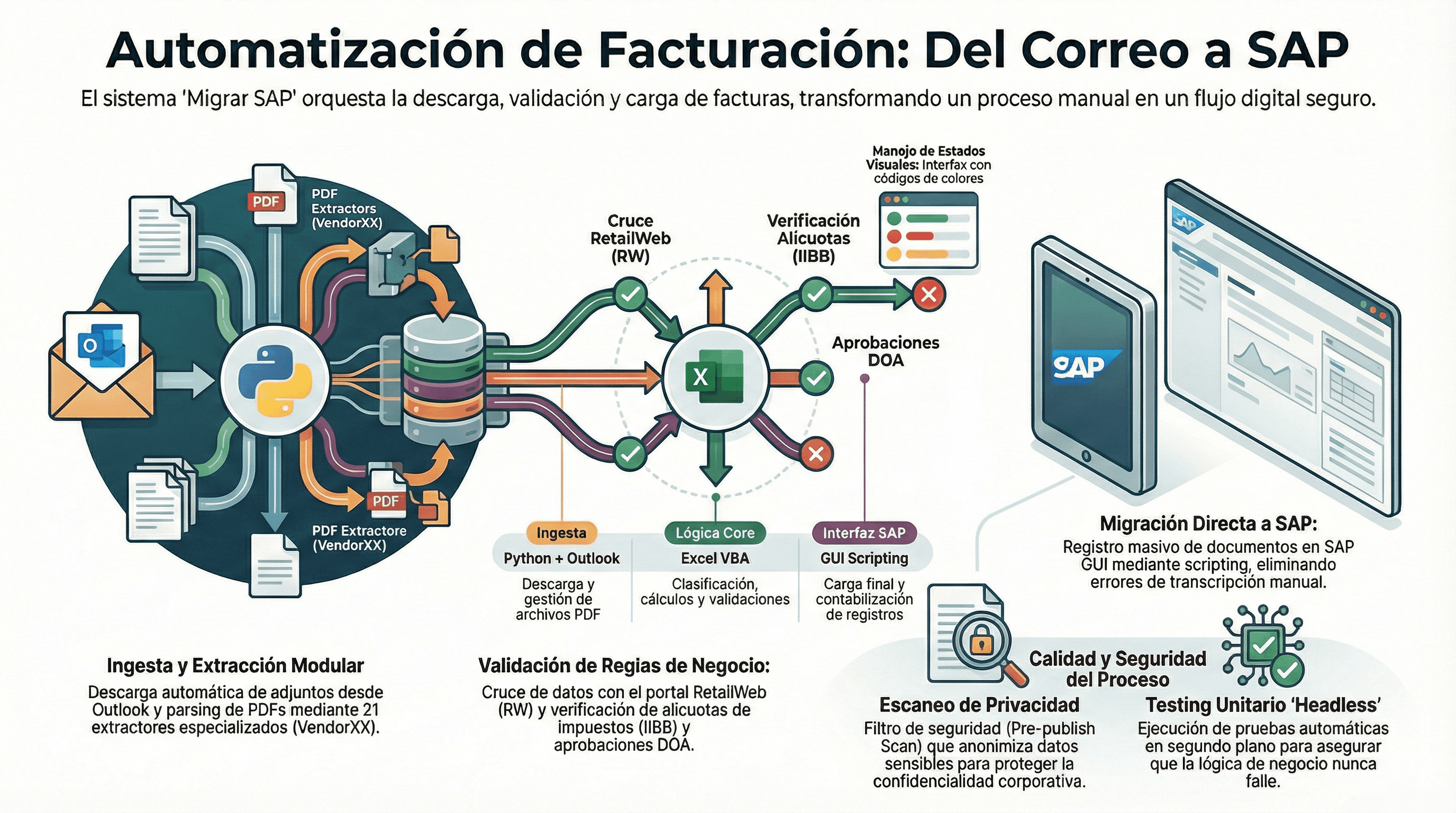 Diagrama visual del flujo de automatización de Migrar SAP desde correo y validaciones hasta SAP